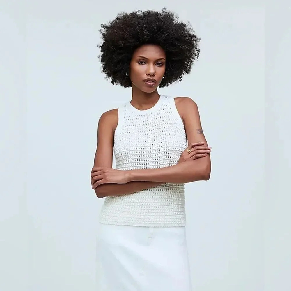 NEW Madewell Women’s XS Crochet-Knit Crewneck Sweater Tank Bright Ivory NWT